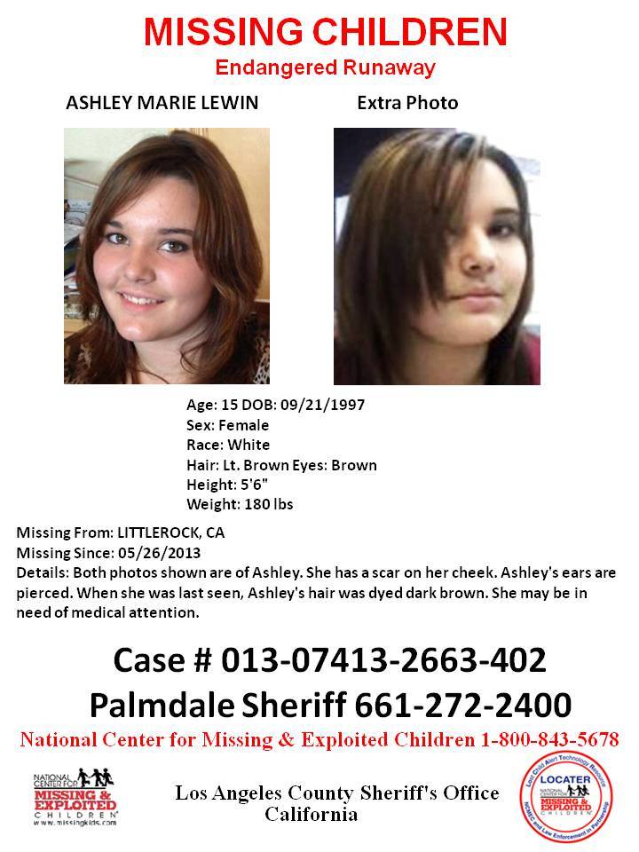 15 yr old Ashley Marie Lewin of So Cal Missing: Family Fears She May be with a man she met on the Internet >1369842903002